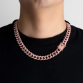 Close-up of 13mm rose gold Cuban link necklace with iced out crystals and secure box clasp - 35cm / Rose Gold