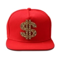 Red flat brim baseball cap featuring a large gold dollar sign badge with white rhinestones - Red