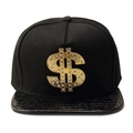 Hip-hop snapback hat in black with gold rhinestone dollar sign and crocodile texture brim - Crocodile Texture Brim Style / Black
