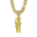 Hip hop style gold plated Cuban necklace with religious figure pendant and micro pave diamonds - Saint Jude Portrait Pendant Set / 50cm Cuban Link Chain (White Rhinestone) / Gold