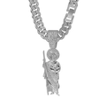 Detail of silver-tone iced out religious pendant with crystal Cuban link chain - Saint Jude Portrait Pendant Set / 50cm Cuban Link Chain (White Rhinestone) / Silver
