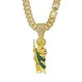 Detail of Saint Jude religious pendant with white crystals and emerald sash on Cuban chain - Saint Jude Portrait Pendant Set / 50cm Cuban Link Chain (Green Rhinestone) / Gold