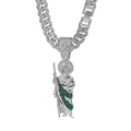 Macro shot of silver Cuban link necklace with iced out Saint Jude religious pendant - Saint Jude Portrait Pendant Set / 50cm Cuban Link Chain (Green Rhinestone) / Silver