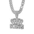 Macro detail of Iced Out silver KING crown pendant necklace with Cuban Link chain - Silver with 50cm Cuban Chain