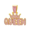 Macro view of gold-plated QUEEN letter pendant with pink crystals and crown detail - Gold Base Pink Rhinestone Single Pendant