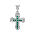 Detailed macro view of hip-hop cross pendant with green square stones and white zircons - Silver Green Stone Pendant Only (Without Chain)