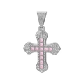Detailed close-up of a silver cross pendant featuring pink square stones and micro pavé - Silver Base Pink Rhinestone Single Pendant