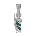 Hip hop zilveren Saint Jude hanger met groene kristallen op Cuban ketting - Sint-Judas Portret Hanger (DZ24053) / Alleen Hanger (Zonder Ketting) (Groene Strass) / Zilver
