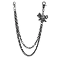 Detail of gunmetal punk trousers chain featuring a rhinestone-set pirate skull pendant - Black/White Zirconia
