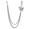 Detail of silver double-layered hip hop chain with rhinestone pirate skull and cross swords - Silver White Rhinestone