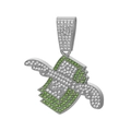 Détail du pendentif hip-hop argenté avec signe $ ailé et strass blancs et verts - Pendentif Uniquement (Sans Chaîne) / Argent