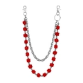 Detail view of double-layer pant chain with red dice beads and polished silver metal links - Red