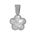 Detailed close-up of a silver clover pendant with white shell inlay and sparkling crystals - Silver Base Artificial Pearl Pendant
