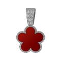 Macro shot of red enamel clover pendant with micro-pave rhinestones and silver finish - Silver Base Red Pendant