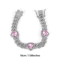 Silver Cuban chain bracelet with iced-out links and three pink heart-shaped stones - Silver Pink Heart 18CM