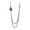Detail of double-layered punk hip-hop wallet chain with floral engraved leather buckle - Brown Leather Silver Chain