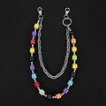 Detail of multi-layered silver chain with colorful acrylic dice beads on black leather - Mixed Colors (Random)