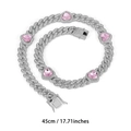 Silver cuban chain necklace with five pink heart-shaped stones and zircons, 45cm length - Silver Pink Heart 45CM