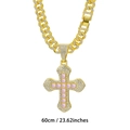 Gold iced-out Cuban chain necklace with pink square stone cross pendant 60cm - Gold Pink Gemstone with Cuban Link Chain