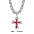 60cm Cuban chain with iced out cross pendant featuring square red gemstones - Silver Red Gemstone with Cuban Link Chain
