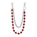 Detail of double-layer pant chain with red rose beads and silver metal link structures - Red