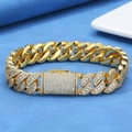 Men's 14mm gold-plated Cuban link bracelet with iced-out zircon pave on blue background - Large / Gold