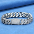 Silver cuban link bracelet for men with half-polished half-paved zircon stones - Silver
