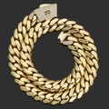 Close-up of 14K gold cuban link necklace with a diamond-encrusted square clasp and S logo - 20mm / 16" / Gold