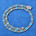 Cadena cubana de 8mm con piedras de ópalo azul y circonitas blancas para hombre - Collar 18 Pulgadas (Longitud 45,72 cm) / Oro Blanco (Ancho 8mm)
