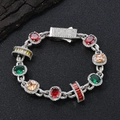 Macro detail of luxury multi-color gemstone bracelet with paved zircon link and clasp - Bracelet 9 Inches (22.86cm In Length) / Platinum