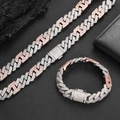 Two-tone 15mm cuban link necklace and bracelet set with silver and rose gold stones - 22 Inches (55.88cm) / Two Colors