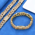 Set collana e bracciale cubano 15mm dorato hip hop con zirconi a forma di rombo - Collana / 24 Pollici (60.96cm) / Oro