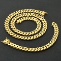 Polished gold Cuban link chain necklace and bracelet set with secure clasp - Necklace 16 Inches (40.64cm In Length) / Gold (Width 12mm)