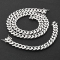 Polished S925 sterling silver Cuban link chain necklace and bracelet set with safety clasp - White Gold (15mm Width)