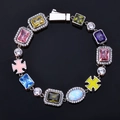 Luxury hip hop bracelet with colorful opal gemstones and cross charms on black background - 8 inches / Platinum
