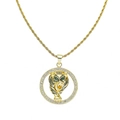 Collier tête de tigre dorée hip hop avec yeux verts et cercle de cristaux - Or
