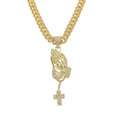 Iced-out hip hop prayer hands pendant necklace with cross on gold cuban chain link - Praying Hands Cross Cuban Chain Set / Gold