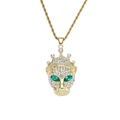 Detailed close-up of hip-hop gold crown leopard pendant with green eyes and rope chain - Crown Leopard Head / Gold