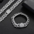 Detail of 15mm iced out silver Cuban link chain and bracelet with pave zircon stones - Necklace / 18 inch / Platinum