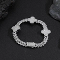 Bracciale cubano argento con motivi a quadrifoglio ghiacciati e chiusura a molla - Bracciale 9 Pollici / Platino