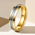 Detailed view of a two-tone stainless steel ring with a polished gold and silver finish - Size 7 / Two-tone Grooved No Diamond Style (1-A-2) - 6mm