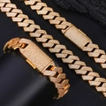 Chunky 15mm gold Cuban link chain necklace and bracelet set with icy pavé diamonds - Bracelet 9 Inches (22.86cm In Length) / Gold