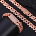 Macro detail of rose gold 15mm Cuban link chain and bracelet set with micro pavé crystals - Bracelet 9 Inches (22.86cm In Length) / Rose Gold