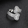 Silver double heart open ring with square and round cubic zirconia pavé stones - US 8 / Platinum