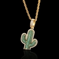 Collana hip hop con ciondolo a cactus dorato e zirconi verdi e bianchi micro-pave - Oro + Catena Twist da 24 pollici*3mm
