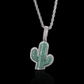 Hip hop cactus pendant necklace with green pavé set stones and silver rope chain - Silver + 24inch*3mm Twist Chain