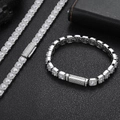 Macro detail of 7mm silver hip hop necklace and bracelet set with square zircon stones - Necklace (White Gold) / 24 inch