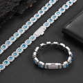 Close-up of hip hop silver necklace and bracelet set with blue halo zircon stones - Bracelet 8 Inches (Length 20.32cm) / White Gold Sea Blue Zirconia (12mm Width)