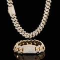 Macro shot of gold plated triple-row zircon diamond encrusted cuban chain link necklace - Gold