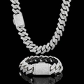 Dettaglio del set collana e bracciale cuban 18mm in argento con zirconi incastonati - Braccialetto 9 Pollici (circa 22,86 cm) / Oro Bianco